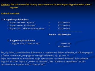 Shënim: Për çdo monedhë të huaj, sipas bankave ku janë hapur llogari mbahet ditar i
veçantë
Artikull kontabël:
1- Llogaritë që debitohen:
- Llogaria 401.000 “Njësia x” = 135.000 lekë
- Llogaria 604.0 “E.Elektrike” = 135.000 lekë
- Llogaria 581 “Xhirime të brendshme.” = 135.000 lekë
------------------------------
Shuma 405.000 lekë
2- Llogaritë që kreditohen:
- llogaria 5124.0 “Banka USD” = 3.000 USD
405.000 lekë
Pra, siç shihet, kontabilizohen dokumentet e veprimeve të daljeve të bankës, si MP për pagesën
e faturës së furnitorit, për pagesën e energjisë elektrike, etj., që kanë të
bëjnë me veprimet në monedha të huaja, sipas natyrës së veprimit kontabël, duke debituar
llogaritë: 401.000 “Njësia x”, 604.0 “E.Elektrike”, 581 “Xhirime të brendshme”, etj.dhe
duke kredituar llogarinë 5124.0 “Banka USD”.
 
