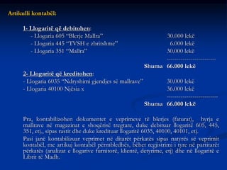 Artikulli kontabël:
1- Llogaritë që debitohen:
- Llogaria 605 “Blerje Mallra” 30.000 lekë
- Llogaria 445 “TVSH e zbritshme” 6.000 lekë
- Llogaria 351 “Mallra” 30.000 lekë
-------------------------
Shuma 66.000 lekë
2- Llogaritë që kreditohen:
- Llogaria 6035 “Ndryshimi gjendjes së mallrave” 30.000 lekë
- Llogaria 40100 Njësia x 36.000 lekë
--------------------------
Shuma 66.000 lekë
Pra, kontabilizohen dokumentet e veprimeve të blerjes (faturat), hyrja e
mallrave në magazinat e shoqërisë tregtare, duke debituar llogaritë 605, 445,
351, etj., sipas rastit dhe duke kredituar llogaritë 6035, 40100, 40101, etj.
Pasi janë kontabilizuar veprimet në ditarët përkatës sipas natyrës së veprimit
kontabël, me artikuj kontabël përmbledhës, bëhet regjistrimi i tyre në partitarët
përkatës (analizat e llogarive furnitorë, klientë, detyrime, etj) dhe në llogaritë e
Librit të Madh.
 
