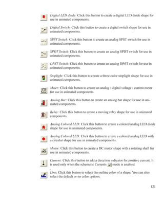 121
Digital LED diode: Click this button to create a digital LED diode shape for
use in animated components.
Digital Switch: Click this button to create a digital switch shape for use in
animated components.
SPST Switch: Click this button to create an analog SPST switch for use in
animated components.
SPDT Switch: Click this button to create an analog SPDT switch for use in
animated components.
DPST Switch: Click this button to create an analog DPST switch for use in
animated components.
Stoplight: Click this button to create a three-color stoplight shape for use in
animated components.
Meter: Click this button to create an analog / digital voltage / current meter
for use in animated components.
Analog Bar: Click this button to create an analog bar shape for use in ani-
mated components.
Relay: Click this button to create a moving relay shape for use in animated
components.
Analog Colored LED: Click this button to create a colored analog LED diode
shape for use in animated components.
Analog Colored LED: Click this button to create a colored analog LED with
a circular shape for use in animated components.
Motor: Click this button to create a DC motor shape with a rotating shaft for
use in animated components.
Current: Click this button to add a direction indicator for positive current. It
is used only when the schematic Currents mode is enabled.
.
Line: Click this button to select the outline color of a shape. You can also
select the default or no color options.
 