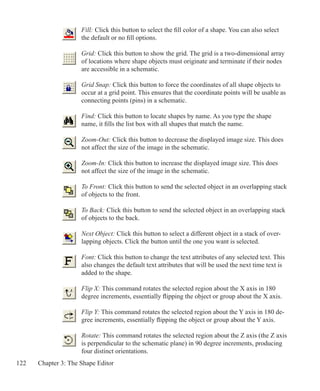 122 Chapter 3: The Shape Editor
Fill: Click this button to select the fill color of a shape. You can also select
the default or no fill options.
Grid: Click this button to show the grid. The grid is a two-dimensional array
of locations where shape objects must originate and terminate if their nodes
are accessible in a schematic.
	
Grid Snap: Click this button to force the coordinates of all shape objects to
occur at a grid point. This ensures that the coordinate points will be usable as
connecting points (pins) in a schematic.
	
Find: Click this button to locate shapes by name. As you type the shape
name, it fills the list box with all shapes that match the name.
Zoom-Out: Click this button to decrease the displayed image size. This does
not affect the size of the image in the schematic.
Zoom-In: Click this button to increase the displayed image size. This does
not affect the size of the image in the schematic.
To Front: Click this button to send the selected object in an overlapping stack
of objects to the front.
To Back: Click this button to send the selected object in an overlapping stack
of objects to the back.
Next Object: Click this button to select a different object in a stack of over-
lapping objects. Click the button until the one you want is selected.
Font: Click this button to change the text attributes of any selected text. This
also changes the default text attributes that will be used the next time text is
added to the shape.
Flip X: This command rotates the selected region about the X axis in 180
degree increments, essentially flipping the object or group about the X axis.
Flip Y: This command rotates the selected region about the Y axis in 180 de-
gree increments, essentially flipping the object or group about the Y axis.
Rotate: This command rotates the selected region about the Z axis (the Z axis
is perpendicular to the schematic plane) in 90 degree increments, producing
four distinct orientations.
 