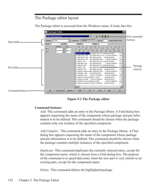 152 Chapter 5: The Package Editor
Data fields
Command buttons
Pin fields
Package
selector
Figure 5-1 The Package editor
The Package editor layout
The Package editor is accessed from the Windows menu. It looks like this:
Command buttons:
Add: This command adds an entry to the Package library. A Find dialog box
appears requesting the name of the component whose package and pin infor-
mation is to be defined. This command should be chosen when the package
contains only one instance of the specified component.
Add Complex: This command adds an entry to the Package library. A Find
dialog box appears requesting the name of the component whose package
and pin information is to be defined. This command should be chosen when
the package contains multiple instances of the specified component.
Duplicate: This command duplicates the currently selected entry, except for
the component name, which is chosen from a Find dialog box. The purpose
of the command is to speed data entry when the new part is very similar to an
existing part, except for the component name.
Delete: This command deletes the highlighted package.
File command
buttons
 