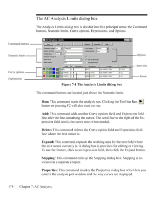178 Chapter 7: AC Analysis
The AC Analysis Limits dialog box
The Analysis Limits dialog box is divided into five principal areas: the Command
buttons, Numeric limits, Curve options, Expressions, and Options.
Figure 7-1 The Analysis Limits dialog box
The command buttons are located just above the Numeric limits.
Run: This command starts the analysis run. Clicking the Tool bar Run
button or pressing F2 will also start the run.
Add: This command adds another Curve options field and Expression field
line after the line containing the cursor. The scroll bar to the right of the Ex-
pression field scrolls the curve rows when needed.
Delete: This command deletes the Curve option field and Expression field
line where the text cursor is.
Expand: This command expands the working area for the text field where
the text cursor currently is. A dialog box is provided for editing or viewing.
To use the feature, click in an expression field, then click the Expand button.
Stepping: This command calls up the Stepping dialog box. Stepping is re-
viewed in a separate chapter.
Properties: This command invokes the Properties dialog box which lets you
control the analysis plot window and the way curves are displayed.
Command buttons
Numeric limits Options
Curve options
Expressions
Auto-size
Grow
 