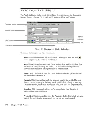 192 Chapter 8: DC Analysis
The DC Analysis Limits dialog box
The Analysis Limits dialog box is divided into five major areas: the Command
buttons, Numeric limits, Curve options, Expression fields, and Options.
Figure 8-1 The Analysis Limits dialog box
Options
Command buttons
Numeric limits
Curve options
Expressions
Command buttons provide these commands.
	 Run: This command starts the analysis run. Clicking the Tool bar Run
	 button or pressing F2 will also start the run.
	 Add: This command adds another Curve options field and Expressions field
	 line after the line containing the cursor. The scroll bar to the right of the
	 Expressions field scrolls through the curves when needed.
	 Delete: This command deletes the Curve option field and Expressions field
	 line where the text cursor is.
	 Expand: This command expands the working area for the text field where
	 the text cursor currently is. A dialog box is provided for editing or viewing. 		
	 To use the feature, click in an expression field, then click the Expand button.
	 Stepping: This command calls up the Stepping dialog box. Stepping is
	 reviewed in a separate chapter.
	 Properties: This command invokes the Properties dialog box which lets you
	 control the analysis plot window and the way curves are displayed.
Grow
Auto-size
 