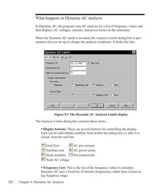 202 Chapter 9: Dynamic AC Analysis
What happens in Dynamic AC analysis
In Dynamic AC, the program runs AC analysis for a list of frequency values and
then displays AC voltages, currents, and power terms on the schematic.
When the Dynamic AC mode is invoked, the Analysis Limits dialog box is pre-
sented to let you set up or change the analysis conditions. It looks like this:
Figure 9-1 The Dynamic AC Analysis Limits display
The Analysis Limits dialog box contains these items:
	 • Display buttons: There are several buttons for controlling the display.
	 Each can be individually enabled, from within the dialog box or, after it is
	 closed, from the tool bar.
	 Grid Text	 AC pin currents
	 Attribute text	 AC power terms
	 Node numbers	 Pin connections
	 Node AC voltage
	 • Frequency List: This is the list of the frequency values to simulate.
	 Dynamic AC uses a fixed list of discrete frequencies, rather than a linear or
	 log frequency range.
 