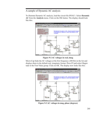 205
A sample of Dynamic AC analysis
To illustrate Dynamic AC analysis, load the circuit file DYAC1. Select Dynamic
AC from the Analysis menu. Click on the OK button. The display should look
like this:
Figure 9-2 AC voltages in real, imag
Micro-Cap finds the AC voltages at the first frequency (.001Hz) in the list and
displays them in the default real, imaginary format. Press F9 and select Magni-
tude in the First Value group. Click on OK. The display now looks like this:
Figure 9-3 AC voltages in mag, phase (degrees)
 
