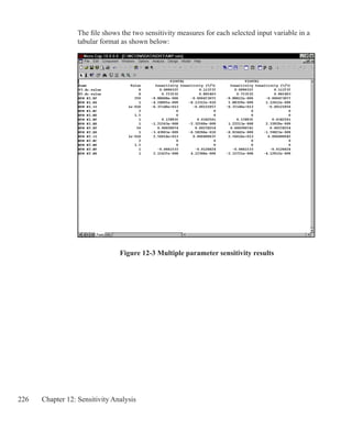 226 Chapter 12: Sensitivity Analysis
Figure 12-3 Multiple parameter sensitivity results
The file shows the two sensitivity measures for each selected input variable in a
tabular format as shown below:
 