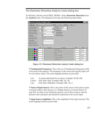229
The Harmonic Distortion Analysis Limits dialog box
To illustrate, load the circuit DIST_DEMO1. Select Harmonic Distortion from
the Analysis menu. The dialog box provides the following input fields:
	 •	Fundamental Frequency: This is the set of fundamental frequencies (F0)
	 to be used in the analysis. The frequency of the source driving the input will
	 be set to these values. The usual stepping formats are provided:
		 List: 	 A comma delimited list of values. Example 1K,5K,10K
		 Linear: 	 End, Start, Step. Example 20K, 1K, 1K
		 Log:	 End, Start, Multiplier. Example 20K, 1K, 2
	 •	Name of Input Source: This is the name of the source to be used as input.
	 It must be either a Sine Source, or a Voltage Source or Current Source of
	 type SIN. In order to run distortion analysis, one of these sources must be
	 present in the schematic and should be connected to the circuit input.
	 •	Input Source Amplitude: This is the amplitude of the input sinusoid. The
	 usual stepping formats are provided.
Figure 13-1 Harmonic Distortion Analysis Limits dialog box
 