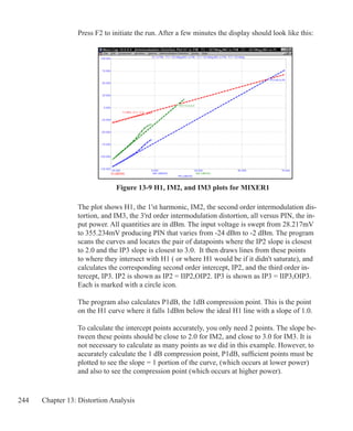 244 Chapter 13: Distortion Analysis
Press F2 to initiate the run. After a few minutes the display should look like this:
Figure 13-9 H1, IM2, and IM3 plots for MIXER1
The plot shows H1, the 1'st harmonic, IM2, the second order intermodulation dis-
tortion, and IM3, the 3'rd order intermodulation distortion, all versus PIN, the in-
put power. All quantities are in dBm. The input voltage is swept from 28.217mV
to 355.234mV producing PIN that varies from -24 dBm to -2 dBm. The program
scans the curves and locates the pair of datapoints where the IP2 slope is closest
to 2.0 and the IP3 slope is closest to 3.0. It then draws lines from these points
to where they intersect with H1 ( or where H1 would be if it didn't saturate), and
calculates the corresponding second order intercept, IP2, and the third order in-
tercept, IP3. IP2 is shown as IP2 = IIP2,OIP2. IP3 is shown as IP3 = IIP3,OIP3.
Each is marked with a circle icon.
The program also calculates P1dB, the 1dB compression point. This is the point
on the H1 curve where it falls 1dBm below the ideal H1 line with a slope of 1.0.
To calculate the intercept points accurately, you only need 2 points. The slope be-
tween these points should be close to 2.0 for IM2, and close to 3.0 for IM3. It is
not necessary to calculate as many points as we did in this example. However, to
accurately calculate the 1 dB compression point, P1dB, sufficient points must be
plotted to see the slope = 1 portion of the curve, (which occurs at lower power)
and also to see the compression point (which occurs at higher power).
 