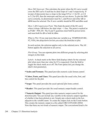 248 Chapter 13: Distortion Analysis
		 Show IM3 Intercept: This calculates the point where the H1 curve would 		
		 cross the IM3 curve if each has its ideal slope of 1 and 3 respectively. If
		 no pair of data points have a slope in the range 0.9 to 1.1 for H1, or 2.8
		 to 3.2 for IP3, then the intercepts and line are not shown. To plot the IM3
		 curve correctly, its denominator must be 1, and Power and either dB or
		 dBM must be selected. The X axis variable should be PIN and dBm used.
		 Show 1 dB Compression Point: This finds the point of the H1 curve
		 where it drops 1dB below the ideal slope = 1 line. The point is marked as
		 as P1dB = PIN, H1. The X and Y quantities must both be power terms
		 and must both be dB or both be dBm.
		 What to Plot: If you step more than one variable (e.g. TEMPERATURE,
		 F2, VIN), this drop-down list lets you select the branches to plot.
		 In each section, the selection applies only to the selected curve. The All 		
		 button applies the selection to all curves.
		 Plot Group: You can separate plots into different groups by selecting plot
		 integers in this field.
		 Labels: A check mark in the Show field displays labels for the selected
		 plot when more than one value for F2 is requested. Click the field to
		 toggle the check mark on or off. The Font option lets you change the
		 label's font parameters.
	 • Scales and Formats: This panel provides numeric scale format control.
	 • Colors, Fonts, and Lines: This panel provides the usual color, font, and
	 line control for the plot.
	 • Scope: This panel provides the usual optional plot items control.
	 • Header: This panel provides the usual numeric output header control.
	 • Numeric Output: This panel provides numeric output control for the
	 distortion plot. You can include any variable in the numeric output regardless
	 of whether it has been plotted or not. Simply put a check mark in the box
	 adjacent to the variable name. To create the output click on the Create button.
	 This creates the numeric output in a file called CIRCUITNAME.IDNO.
	 Note that there are two kinds of numeric output. The conventional kind is for
 