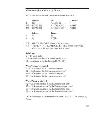 251
Intermodulation Calculation Notes
Here are the formulas used in Intermodulation Distortion.
	 Percent 		 dB			 Number
H1
	 100			 A*LOG(S)		 S
IM2	 100*N2/D2		 A*LOG(N2/D2)	 N2/D2
IM3	 100*N3/D3		 A*LOG(N3/D3)	 N3/D3
	 Voltage	 	 Power
A	 20			 10
S	 V1
			 V1
2
/RL
PIN	 V(IN)*I(IN) if a LO source is not specified.
PIN	 (V(IN)/2)* (V(IN)/2)/RSOURCE if a LO source is specified.
	 Where IN is the specified input source name.
Definitions:
A = dB scale factor
S = Harmonic amplitude from the Fourier array.
V1 = Amplitude at the fundamental ( F2 ± FL)
When Voltage is selected:
N2 = RMS sum of the IM2 numerator terms
D2 = RMS sum of the IM2 denominator terms*
N3 = RMS sum of the IM3 numerator terms
D3 = RMS sum of the IM3 denominator terms*
When Power is selected:
N2 = RMS sum squared of the IM2 numerator terms
D2 = RMS sum squared of the IM2 denominator terms*
N3 = RMS sum squared of the IM3 numerator terms
D3 = RMS sum squared of the IM3 denominator terms*
* If 1 is selected as the Denominator term, D2=D3=1.0 for Voltage or
Power.
 