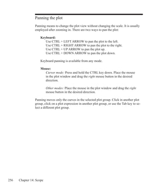 256 Chapter 14: Scope
Panning the plot
Panning means to change the plot view without changing the scale. It is usually
employed after zooming in. There are two ways to pan the plot:
	 Keyboard:
		 Use CTRL + LEFT ARROW to pan the plot to the left.
		 Use CTRL + RIGHT ARROW to pan the plot to the right.
		 Use CTRL + UP ARROW to pan the plot up.
		 Use CTRL + DOWN ARROW to pan the plot down.
	 Keyboard panning is available from any mode.
	 Mouse:
		 Cursor mode: Press and hold the CTRL key down. Place the mouse
		 in the plot window and drag the right mouse button in the desired
		 direction.
		 Other modes: Place the mouse in the plot window and drag the right
		 mouse button in the desired direction.
Panning moves only the curves in the selected plot group. Click in another plot
group, click on a plot expression in another plot group, or use the Tab key to se-
lect a different plot group.
 