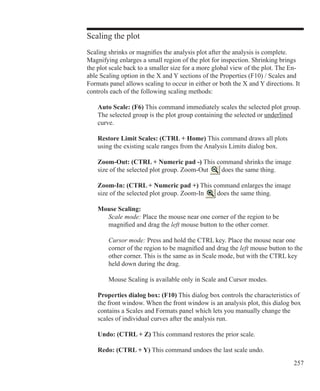 257
Scaling the plot
Scaling shrinks or magnifies the analysis plot after the analysis is complete.
Magnifying enlarges a small region of the plot for inspection. Shrinking brings
the plot scale back to a smaller size for a more global view of the plot. The En-
able Scaling option in the X and Y sections of the Properties (F10) / Scales and
Formats panel allows scaling to occur in either or both the X and Y directions. It
controls each of the following scaling methods:
	 Auto Scale: (F6) This command immediately scales the selected plot group.
	 The selected group is the plot group containing the selected or underlined
	 curve.
	 Restore Limit Scales: (CTRL + Home) This command draws all plots
	 using the existing scale ranges from the Analysis Limits dialog box.
	 Zoom-Out: (CTRL + Numeric pad -) This command shrinks the image
	 size of the selected plot group. Zoom-Out does the same thing.
	 Zoom-In: (CTRL + Numeric pad +) This command enlarges the image
	 size of the selected plot group. Zoom-In does the same thing.
	 Mouse Scaling:
		 Scale mode: Place the mouse near one corner of the region to be
		 magnified and drag the left mouse button to the other corner.
		 Cursor mode: Press and hold the CTRL key. Place the mouse near one
		 corner of the region to be magnified and drag the left mouse button to the
		 other corner. This is the same as in Scale mode, but with the CTRL key
		 held down during the drag.
		 Mouse Scaling is available only in Scale and Cursor modes.
	 Properties dialog box: (F10) This dialog box controls the characteristics of
	 the front window. When the front window is an analysis plot, this dialog box
	 contains a Scales and Formats panel which lets you manually change the
	 scales of individual curves after the analysis run.
	 Undo: (CTRL + Z) This command restores the prior scale.
	 Redo: (CTRL + Y) This command undoes the last scale undo.
 