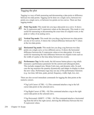 258 Chapter 14: Scope
Tagging the plot
Tagging is a way of both measuring and documenting a data point or difference
between two data points. Tagging can be done on a single curve, between two
points on a single curve, or between two points on two curves. There are four
tagging modes:
	 Point Tag mode: This mode lets you tag a data point on a curve. It shows
	 the X expression and Y expression values at the data point. This mode is very
	 useful for measuring or documenting the exact time of a digital event, or the
	 peak or valley of an analog curve.
	 Vertical Tag mode: This mode lets you drag a tag between two data points
	 on one or two curves. It shows the vertical difference between the Y values
	 at the two data points.
	 Horizontal Tag mode: This mode lets you drag a tag between two data
	 points on a single curve or two different curves. It shows the horizontal
	 difference between the X expression values at two data points. It is most
	 useful for measuring the time difference between two digital events such as
	 the width of a pulse or the time delay between two events.
	 Performance Tag: In this mode, the left mouse button places a tag which
	 measures a performance parameter for the current and subsequent plots.
	 This includes stepped runs, Monte Carlo runs, and dynamic edits. In each
	 case the tag measures the quantity dynamically and adapts its display to show
	 the new value. Performance tags may use any of the performance functions
	 (e.g. rise time, fall time, peak, period, frequency, width, high, low, etc).
There are also several immediate commands for tagging the data points at the
numeric cursors.
	 • Tag Left Cursor: (CTRL + L) This command attaches a tag to the left
	 cursor data point on the selected curve.
	 • Tag Right Cursor: (CTRL + R) This command attaches a tag to the right
	 cursor data point on the selected curve.
 
	 • Tag Horizontal: (SHIFT + CTRL + H) This command attaches a horizontal
	 tag from the left to the right cursor, showing the difference between the two
	 X expression values.
 