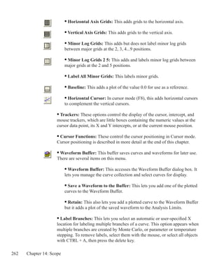 262 Chapter 14: Scope
		 • Horizontal Axis Grids: This adds grids to the horizontal axis.
		 • Vertical Axis Grids: This adds grids to the vertical axis.
		 • Minor Log Grids: This adds but does not label minor log grids
		 between major grids at the 2, 3, 4...9 positions.
		 • Minor Log Grids 2 5: This adds and labels minor log grids between
		 major grids at the 2 and 5 positions.
		 • Label All Minor Grids: This labels minor grids.
		 • Baseline: This adds a plot of the value 0.0 for use as a reference.
		 • Horizontal Cursor: In cursor mode (F8), this adds horizontal cursors
		 to complement the vertical cursors.
	 • Trackers: These options control the display of the cursor, intercept, and
	 mouse trackers, which are little boxes containing the numeric values at the
	 cursor data point, its X and Y intercepts, or at the current mouse position.
	 • Cursor Functions: These control the cursor positioning in Cursor mode.
	 Cursor positioning is described in more detail at the end of this chapter.
	 • Waveform Buffer: This buffer saves curves and waveforms for later use.
	 There are several items on this menu.
		 • Waveform Buffer: This accesses the Waveform Buffer dialog box. It
		 lets you manage the curve collection and select curves for display.
		 • Save a Waveform to the Buffer: This lets you add one of the plotted
		 curves to the Waveform Buffer.
		 • Retain: This also lets you add a plotted curve to the Waveform Buffer
		 but it adds a plot of the saved waveform to the Analysis Limits.
	 • Label Branches: This lets you select an automatic or user-specified X
	 location for labeling multiple branches of a curve. This option appears when
	 multiple branches are created by Monte Carlo, or parameter or temperature
	 stepping. To remove labels, select them with the mouse, or select all objects
	 with CTRL + A, then press the delete key.
 