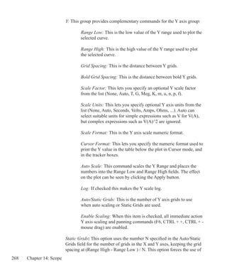 268 Chapter 14: Scope
		 Y: This group provides complementary commands for the Y axis group:
			 Range Low: This is the low value of the Y range used to plot the
			 selected curve.
			 Range High: This is the high value of the Y range used to plot
			 the selected curve.
			 Grid Spacing: This is the distance between Y grids.
			 Bold Grid Spacing: This is the distance between bold Y grids.
			 Scale Factor: This lets you specify an optional Y scale factor
			 from the list (None, Auto, T, G, Meg, K, m, u, n, p, f).
			 Scale Units: This lets you specify optional Y axis units from the
			 list (None, Auto, Seconds, Volts, Amps, Ohms, ...). Auto can
			 select suitable units for simple expressions such as V for V(A),
			 but complex expressions such as V(A)^2 are ignored.
			 Scale Format: This is the Y axis scale numeric format.
			 Cursor Format: This lets you specify the numeric format used to
			 print the Y value in the table below the plot in Cursor mode, and
			 in the tracker boxes.
			 Auto Scale: This command scales the Y Range and places the
			 numbers into the Range Low and Range High fields. The effect
			 on the plot can be seen by clicking the Apply button.
		 	 Log: If checked this makes the Y scale log.
			 Auto/Static Grids: This is the number of Y axis grids to use
			 when auto scaling or Static Grids are used.
			 Enable Scaling: When this item is checked, all immediate action
			 Y axis scaling and panning commands (F6, CTRL + +, CTRL + -
			 mouse drag) are enabled.
		 Static Grids: This option uses the number N specified in the Auto/Static
		 Grids field for the number of grids in the X and Y axes, keeping the grid
		 spacing at (Range High - Range Low ) / N. This option forces the use of
 