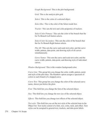 270 Chapter 14: Scope
		 	 Graph Background: This is the plot background.
		 	 Grid: This is the analysis plot grid.
	
		 	 Select: This is the color of a selected object.
		 	 Select Box: This is the color of the Select mode box.
		 	 Tracker: This sets the text and color properties of trackers.
		 	 Select Color Primary: This sets the color of the branch that the
			 Go To Branch Left button selects.
		 	 Select Color Secondary: This sets the color of the branch that
			 the Go To Branch Right button selects.
		 	 Plot All: This sets the curve and scale text color, and the curve
			 width, pattern, data point, and drawing style of all curves
			 simultaneously.
		 	 Curve Names: This sets the curve and scale text color, and the
			 curve width, pattern, data point, and drawing style of individual
			 curves.
	 	 Window Background: This is the window background color.
		 Curve Line: This group lets you change the color, width, pattern, point
		 and style of the plot lines. The Rainbow option assigns a spectrum of
		 colors to each branch of a stepped curve.
		 Curve Text: This group lets you change the color of the selected curve
		 name, shown just below the plots
		 Font: This field lets you change the font of the selected object.
		 Size: This field lets you change the text size of the selected object.
		 Effects: This field lets you change text effects of the selected object.
		 Text style: This field lets you set the text style of the selected item in the
		 Object list. Text styles consist of a font, size, color, style, and effect. Text
		 styles can be assigned to general text, trackers, and data point labels.
 