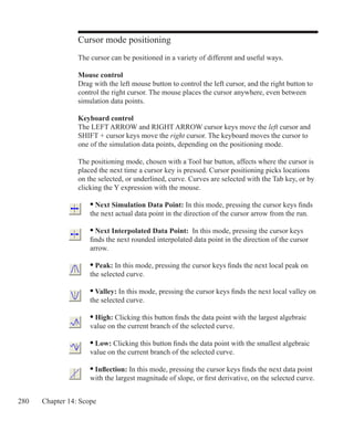 280 Chapter 14: Scope
Cursor mode positioning
The cursor can be positioned in a variety of different and useful ways.
Mouse control
Drag with the left mouse button to control the left cursor, and the right button to
control the right cursor. The mouse places the cursor anywhere, even between
simulation data points.
Keyboard control
The LEFT ARROW and RIGHT ARROW cursor keys move the left cursor and
SHIFT + cursor keys move the right cursor. The keyboard moves the cursor to
one of the simulation data points, depending on the positioning mode.
The positioning mode, chosen with a Tool bar button, affects where the cursor is
placed the next time a cursor key is pressed. Cursor positioning picks locations
on the selected, or underlined, curve. Curves are selected with the Tab key, or by
clicking the Y expression with the mouse.
	 • Next Simulation Data Point: In this mode, pressing the cursor keys finds
	 the next actual data point in the direction of the cursor arrow from the run.
	 • Next Interpolated Data Point: In this mode, pressing the cursor keys
	 finds the next rounded interpolated data point in the direction of the cursor
	 arrow.
	 • Peak: In this mode, pressing the cursor keys finds the next local peak on
	 the selected curve.
	 • Valley: In this mode, pressing the cursor keys finds the next local valley on
	 the selected curve.
	 • High: Clicking this button finds the data point with the largest algebraic
	 value on the current branch of the selected curve.
	 • Low: Clicking this button finds the data point with the smallest algebraic
	 value on the current branch of the selected curve.
	 • Inflection: In this mode, pressing the cursor keys finds the next data point
	 with the largest magnitude of slope, or first derivative, on the selected curve.
 