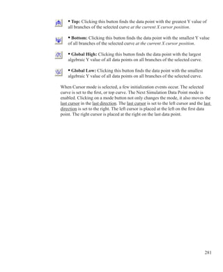 281
	 • Top: Clicking this button finds the data point with the greatest Y value of
	 all branches of the selected curve at the current X cursor position.
	 • Bottom: Clicking this button finds the data point with the smallest Y value
	 of all branches of the selected curve at the current X cursor position.
	 • Global High: Clicking this button finds the data point with the largest
	 algebraic Y value of all data points on all branches of the selected curve.
	 • Global Low: Clicking this button finds the data point with the smallest
	 algebraic Y value of all data points on all branches of the selected curve.
When Cursor mode is selected, a few initialization events occur. The selected
curve is set to the first, or top curve. The Next Simulation Data Point mode is
enabled. Clicking on a mode button not only changes the mode, it also moves the
last cursor in the last direction. The last cursor is set to the left cursor and the last
direction is set to the right. The left cursor is placed at the left on the first data
point. The right cursor is placed at the right on the last data point.
 