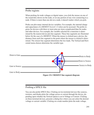 295
Probing a SPICE file
You can also probe SPICE files. Clicking on two-terminal devices like sources,
resistors, and diodes plots the voltage across or current through the device, de-
pending upon whether the Vertical option is set to Voltage or Current. Clicking
on three-terminal devices, presents a dialog box where you can select the desired
voltage or current variable. Clicking on a node number plots the node voltage.
Probe regions
When probing for node voltages or digital states, you click the mouse on one of
the round dots shown on the node, or on any portion of any wire connecting to a
node. If there is more than one dot on a node, it doesn't matter which you pick.
Probe can plot many internal device variables. For example, the internal charge
and capacitance of a MOSFET (Level 1-3 only) can be accessed. The probe re-
gions for devices with three or more pins are more complicated than for nodes
and other devices. For example, the variable selected for a transistor is deter-
mined by the nearest device pin line segment. These line segments are illustrated
below for the case of a MOSFET. When the mouse is clicked near a device, the
distance from each line segment to the point where the mouse is clicked is deter-
mined. The closest line segment determines the two leads. The Vertical and Hori-
zontal menu choices determine the variable type.
Drain to Body
Source to Body
Drain to Gate
Gate to Source
Gate to Body
Drain to Source
Figure 15-1 MOSFET line segment diagram
 