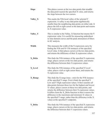 337
	 Slope		 This places cursors at the two data points that straddle
				 the data point nearest the specified X value, and returns
				 the slope between the two cursors.
	 Valley_X		 This marks the N'th local valley of the selected Y
				 expression. A valley is any data point algebraically
				 smaller than the neighboring data points on either side. It
				 places the left or right cursor at the data point and returns
				 its X expression value.
	 Valley_Y		 This is similar to the Valley_X function but returns the Y
				 expression value. It is useful for measuring undershoot
				 in time-domain curves and the peak attenuation of filters
				 in AC analysis.
	 Width		 This measures the width of the Y expression curve by
				 finding the N'th and N+1'th instances of the specified
				 Level value. It then places cursors at the two data points,
				 and returns the difference of their X expression values.
	 X_Delta		 This finds the N'th instance of the specified Y expression
				 range, places cursors at the two data points, and returns
				 the difference between their X expression values.
	
	 X_Level		 This finds the N'th instance of the specified Y Level
				 value, places a left or right cursor there, and returns the
				 X expression value.
	 X_Range		 This finds the X range (max - min) for the N'th instance
				 of the specified Y range. First it finds the specified Y
				 Low and Y High expression values. It then searches all
				 data points between these two for the highest and lowest
				 X values, places cursors at these two data points, and
				 returns the difference between their X expression values.
				 It differs from the X_Delta function in that it returns the
				 difference in the maximum and minimum X values in
				 the specified Y range, rather than the difference in the X
				 values at the specified Y endpoints.
	 Y_Delta		 This finds the N'th instance of the specified X expression
				 range, places cursors at the two data points, and returns
				 the difference between their Y expression values.
 