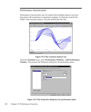 342 Chapter 19: Performance Functions
Performance function plots
Performance Function plots may be created when multiple analysis runs have
been done with temperature or parameter stepping. To illustrate, load the file
PERF1. Run transient analysis. The plot should look like this:
Figure 19-2 The transient analysis run
From the Transient menu, select Performance Windows - Add Performance
Window. This presents the Properties dialog box for performance plots.
Figure 19-3 The Properties dialog box for performance plots
 