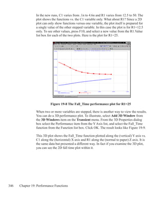 346 Chapter 19: Performance Functions
Figure 19-8 The Fall_Time performance plot for R1=25
In the new runs, C1 varies from .1n to 4.6n and R1 varies from 12.5 to 50. The
plot shows the functions vs. the C1 variable only. What about R1? Since a 2D
plot can only show functions versus one variable, the plot itself is prepared for
a single value of the other stepped variable. In this case the plot is for R1=12.5
only. To see other values, press F10, and select a new value from the R1.Value
list box for each of the two plots. Here is the plot for R1=25.
When two or more variables are stepped, there is another way to view the results.
You can do a 3D performance plot. To illustrate, select Add 3D Window from
the 3D Windows item on the Transient menu. From the 3D Properties dialog
box select the Performance item from the Y Axis list, and select the Fall_Time
function from the Function list box. Click OK. The result looks like Figure 19-9.
This 3D plot shows the Fall_Time function plotted along the (vertical) Y axis vs.
C1 along the (horizontal) X axis and R1 along the (normal to paper) Z axis. It is
the same data but presented a different way. In fact if you examine the 3D plot,
you can see the 2D fall time plot within it.
 