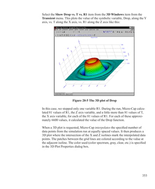 353
Select the Show Drop vs. T vs. R1 item from the 3D Windows item from the
Transient menu. This plots the value of the symbolic variable, Drop, along the Y
axis, vs. T along the X axis, vs. R1 along the Z axis like this:
Figure 20-5 The 3D plot of Drop
In this case, we stepped only one variable R1. During the run, Micro-Cap calcu-
lated 81 values of R1, the Z axis variable, and a little more than 81 values of T,
the X axis variable, for each of the 81 values of R1. For each of these approxi-
mately 6600 values, it calculated the value of the Drop function.
When a 3D plot is requested, Micro-Cap interpolates the specified number of
data points from the simulation run at equally spaced values. It then produces a
3D plot where the intersection of the X and Z isolines mark the interpolated data
points. The patches between the grid lines are colored according to the value at
the adjacent isoline. The color used (color spectrum, gray, clear, etc.) is specified
in the 3D Plot Properties dialog box.
 