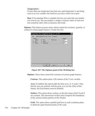 356 Chapter 20: 3D Graphs
	 	 Temperature:
		 If more than one temperature has been run, and temperature is not being
		 used as an axis variable, this field lets you select which run to plot.
		 Run: If Accumulate Plots is enabled, this lets you select the run number
		 you wish to use. The run number is simply a numeric index of each new
		 run created by edits while in dynamic edit mode.
	 Options: This button accesses items which control the existence, quantity, or
	 content of certain graph features. It looks like this:
Figure 20-7 The Options panel of the 3D dialog box
		 Options: These items control the existence of certain graph features:
		 	 Contour: This option plots a 2D contour of the Y axis variable.
		 	 Axes: If enabled, this option adds the three axes, X, Y, and Z. Note
			 that the axes are colinear with the grid, so to see the effect of this
			 feature, the Grid feature must be disabled.	
		 	 Isolines: This option draws isolines on the plot along which X and Z
			 are constant. The intersection of these lines comprise the boundaries
			 of the colored surface patches of the 3D plot.	
			 Grid: This option draws parallel grid lines in each coordinate plane
			 to delineate equal fractional parts of the scale.
 