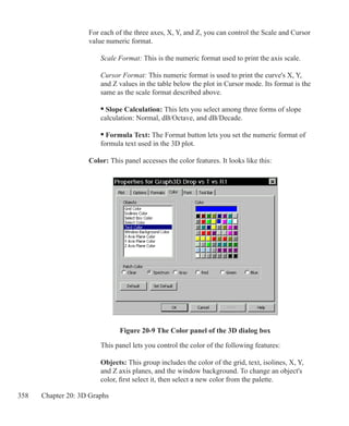 358 Chapter 20: 3D Graphs
	 For each of the three axes, X, Y, and Z, you can control the Scale and Cursor
	 value numeric format.
		 Scale Format: This is the numeric format used to print the axis scale.
		 Cursor Format: This numeric format is used to print the curve's X, Y,
		 and Z values in the table below the plot in Cursor mode. Its format is the
		 same as the scale format described above.
			
		 • Slope Calculation: This lets you select among three forms of slope
		 calculation: Normal, dB/Octave, and dB/Decade.
		 • Formula Text: The Format button lets you set the numeric format of
		 formula text used in the 3D plot.
	 Color: This panel accesses the color features. It looks like this:
Figure 20-9 The Color panel of the 3D dialog box
		 This panel lets you control the color of the following features:
		 Objects: This group includes the color of the grid, text, isolines, X, Y,
		 and Z axis planes, and the window background. To change an object's
		 color, first select it, then select a new color from the palette.
 