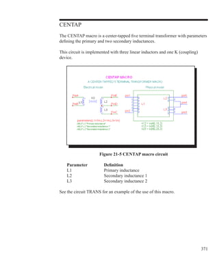 371
CENTAP
The CENTAP macro is a center-tapped five terminal transformer with parameters
defining the primary and two secondary inductances.
This circuit is implemented with three linear inductors and one K (coupling)
device.
Figure 21-5 CENTAP macro circuit
	 Parameter		 Definition
	 L1			 Primary inductance
	 L2			 Secondary inductance 1
	 L3			 Secondary inductance 2
See the circuit TRANS for an example of the use of this macro.
 