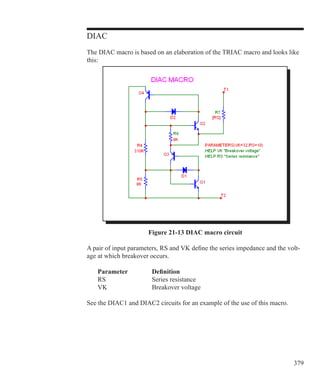 379
DIAC
The DIAC macro is based on an elaboration of the TRIAC macro and looks like
this:
Figure 21-13 DIAC macro circuit
A pair of input parameters, RS and VK define the series impedance and the volt-
age at which breakover occurs.
	 Parameter		 Definition
	 RS			 Series resistance
	 VK			 Breakover voltage
See the DIAC1 and DIAC2 circuits for an example of the use of this macro.
 