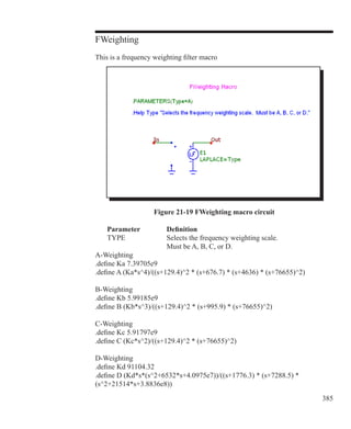 385
FWeighting
This is a frequency weighting filter macro
Figure 21-19 FWeighting macro circuit
	 Parameter		 Definition
	 TYPE		 Selects the frequency weighting scale.
				 Must be A, B, C, or D.
A-Weighting
.define Ka 7.39705e9
.define A (Ka*s^4)/((s+129.4)^2 * (s+676.7) * (s+4636) * (s+76655)^2)
B-Weighting
.define Kb 5.99185e9
.define B (Kb*s^3)/((s+129.4)^2 * (s+995.9) * (s+76655)^2)
C-Weighting
.define Kc 5.91797e9
.define C (Kc*s^2)/((s+129.4)^2 * (s+76655)^2)
D-Weighting
.define Kd 91104.32
.define D (Kd*s*(s^2+6532*s+4.0975e7))/((s+1776.3) * (s+7288.5) *
(s^2+21514*s+3.8836e8))
 