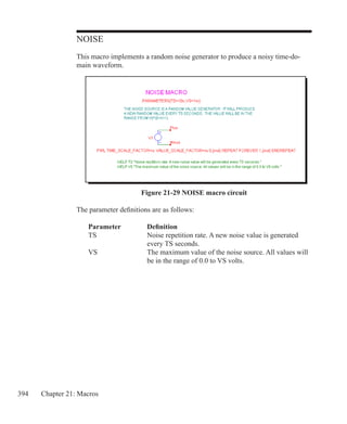 394 Chapter 21: Macros
NOISE
This macro implements a random noise generator to produce a noisy time-do-
main waveform.
			
Figure 21-29 NOISE macro circuit
The parameter definitions are as follows:
	 Parameter		 Definition
	 TS			 Noise repetition rate. A new noise value is generated
				 every TS seconds.
	 VS			 The maximum value of the noise source. All values will
				 be in the range of 0.0 to VS volts.
 