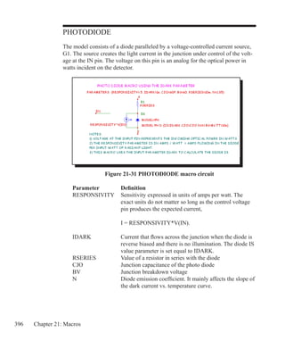 396 Chapter 21: Macros
PHOTODIODE
The model consists of a diode paralleled by a voltage-controlled current source,
G1. The source creates the light current in the junction under control of the volt-
age at the IN pin. The voltage on this pin is an analog for the optical power in
watts incident on the detector.
Figure 21-31 PHOTODIODE macro circuit
	 Parameter		 Definition
	 RESPONSIVITY	 Sensitivity expressed in units of amps per watt. The
				 exact units do not matter so long as the control voltage
				 pin produces the expected current,
				 I = RESPONSIVITY*V(IN).
	 IDARK		 Current that flows across the junction when the diode is
				 reverse biased and there is no illumination. The diode IS
				 value parameter is set equal to IDARK.
	 RSERIES		 Value of a resistor in series with the diode
	 CJO		 Junction capacitance of the photo diode
	 BV			 Junction breakdown voltage
	 N			 Diode emission coefficient. It mainly affects the slope of
				 the dark current vs. temperature curve.
 