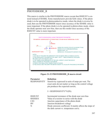 397
PHOTODIODE_R
This macro is similar to the PHOTODIODE macro except that RSHUNT is en-
tered instead of IDARK. Some manufacturers provide both values. If the photo
diode is to be operated in photoconductive mode, where the diode is reverse bi-
ased, then use the PHOTODIODE macro since accuracy of the IDARK value is
more important. If the photo diode is to be operated in photovoltaic mode, where
the diode operates near zero bias, then use this model since accuracy of the
RSHUNT value is more important.
Figure 21-32 PHOTODIODE_R macro circuit
	 Parameter		 Definition
	 RESPONSIVITY	 Sensitivity expressed in units of amps per watt. The
				 exact units do not matter so long as the control voltage
				 pin produces the expected current,
				 I = RESPONSIVITY*V(IN).
	 RSHUNT		 Incremental resistance of the diode near zero bias
	 RSERIES		 Value of a resistor in series with the diode
	 CJO		 Junction capacitance of the photo diode
	 BV			 Junction breakdown voltage
	 N			 Diode emission coefficient. It mainly affects the slope of
				 the dark current vs. temperature curve.
 