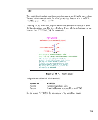 399
POT
This macro implements a potentiometer using several resistor value expressions.
The two parameters determine the initial pot setting. Percent is in % so 70%
would be given as 70 and not .70.
To sweep the pot wiper arm, step the Value field of the macro resistor R1 from
the Stepping dialog box. The stepped value will override the default percent pa-
rameter. See POTDEMO.CIR for an example.
			
Figure 21-34 POT macro circuit
The parameter definitions are as follows:
	 Parameter		 Definition
	 Potsize		 Maximum resistance value
	 Percent		 Percent of Potsize between PINA and PINB
See the circuit POTDEMO for an example of the use of this macro.
 