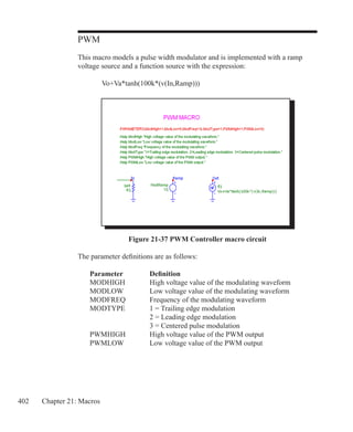 402 Chapter 21: Macros
PWM
This macro models a pulse width modulator and is implemented with a ramp
voltage source and a function source with the expression:
		 Vo+Va*tanh(100k*(v(In,Ramp)))
Figure 21-37 PWM Controller macro circuit
The parameter definitions are as follows:
	 Parameter		 Definition
	 MODHIGH		 High voltage value of the modulating waveform
	 MODLOW		 Low voltage value of the modulating waveform
	 MODFREQ		 Frequency of the modulating waveform
	 MODTYPE		 1 = Trailing edge modulation
				 2 = Leading edge modulation
				 3 = Centered pulse modulation
	 PWMHIGH		 High voltage value of the PWM output
	 PWMLOW		 Low voltage value of the PWM output
 