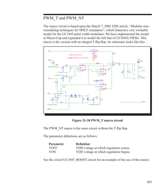 403
PWM_T and PWM_NT
The macro circuit is based upon the March 7, 2002 EDN article, “Modular mac-
romodeling techniques for SPICE simulators”, which featured a very workable
model for the UC1845 pulse width modulator. We have implemented the model
in Micro-Cap and expanded it to model the full line of UCX84X PWMs. This
macro is the version with an integral T flip-flop. Its schematic looks like this:
Figure 21-38 PWM_T macro circuit
The PWM_NT macro is the same circuit without the T flip flop.
The parameter definitions are as follows:
	 Parameter		 Definition
	 VOFF		 VDD voltage at which regulation ceases
	 VON		 VDD voltage at which regulation begins
See the circuit UC1845_BOOST circuit for an example of the use of this macro.
 