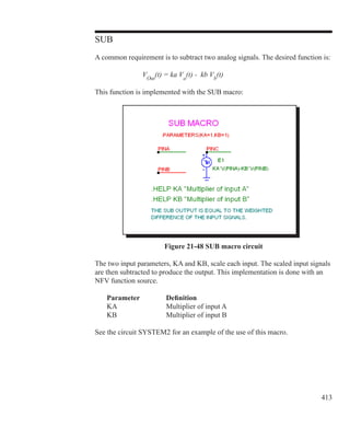 413
SUB
A common requirement is to subtract two analog signals. The desired function is:
			 VOut
(t) = ka Va
(t) - kb Vb
(t)
This function is implemented with the SUB macro:
Figure 21-48 SUB macro circuit
The two input parameters, KA and KB, scale each input. The scaled input signals
are then subtracted to produce the output. This implementation is done with an
NFV function source.
	 Parameter		 Definition
	 KA			 Multiplier of input A
	 KB			 Multiplier of input B
See the circuit SYSTEM2 for an example of the use of this macro.
	
 