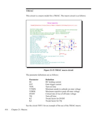 416 Chapter 21: Macros
TRIAC
This circuit is a macro model for a TRIAC. The macro circuit is as follows:
Figure 21-51 TRIAC macro circuit
The parameter definitions are as follows:
	 Parameter		 Definition
	 IH			 DC holding current
	 IGT		 Gate trigger current
	 TON		 Turn-on time
	 VTMIN		 Minimum anode to cathode on-state voltage
	 VDRM		 Maximum repetitive peak off-state voltage
	 DVDT		 Critical rate of rise of off-state voltage
	 TQ			 Turn-off time
	 K1			 Tweak factor for DVDT
	 K2			 Tweak factor for TQ
See the circuit THY1 for an example of the use of the TRIAC macro.
 