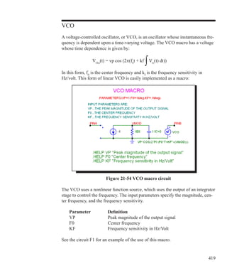 419
VCO
A voltage-controlled oscillator, or VCO, is an oscillator whose instantaneous fre-
quency is dependent upon a time-varying voltage. The VCO macro has a voltage
whose time dependence is given by:
			 VOut
(t) = vp cos (2�(f0
t + kf
∫Vin
(t) dt))
In this form, f0
is the center frequency and kf
is the frequency sensitivity in
Hz/volt. This form of linear VCO is easily implemented as a macro:
Figure 21-54 VCO macro circuit
The VCO uses a nonlinear function source, which uses the output of an integrator
stage to control the frequency. The input parameters specify the magnitude, cen-
ter frequency, and the frequency sensitivity.
	 Parameter		 Definition
	 VP			 Peak magnitude of the output signal
	 F0			 Center frequency
	 KF			 Frequency sensitivity in Hz/Volt
See the circuit F1 for an example of the use of this macro.
 