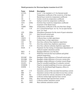 449
Model parameters for Mextram bipolar transistor level 2/21
Name 	 Default 	 Description 
LEVEL	 2	 Level = 2 for standard, or 21 for thermal model
AB	 1	 Temperature coefficient of the resistivity of the base
AC	 2	 Buried layer resistivity temperature coefficient
AE	 0	 Emitter resistivity temperature coefficient
AEPI	 2.5	 Epilayer resistivity temperature coefficient
AEX	 620m	 Extrinsic base resistivity temperature coefficient
AF	 2	 Exponent of the flicker-noise
AQBO	 300m	 Temperature coefficient of the zero-bias base charge
AS	 1.58	 For a closed buried layer: As=Ac. For an open buried
		 layer: As=Aepi
AXI	 300m	 Smoothness parameter for the onset of quasi-saturation
BF	 215	 Ideal forward current gain
BRI	 7	 Ideal reverse current gain
CBCO	 0	 Collector-base overlap capacitance
CBEO	 0	 Emitter-base overlap capacitance
CJC	 78f	 Zero-bias collector-base depletion capacitance
CJE	 73f	 Zero-bias emitter-base depletion capacitance
CJS	 315f	 Zero-bias collector-substrate depletion capacitance
DAIS	 0	 Parameter for fine tuning of temperature dependence of
		 collector-emitter saturation current
DEG	 0	 Bandgap difference over the base
DTA	 0	 Difference between the local ambient and global
		 ambient temperature
DVGBF	 50m	 Bandgap voltage difference of forward current gain
DVGBR	 45m	 Bandgap voltage difference of reverse current gain
DVGTE	 50m	 Bandgap voltage difference of emitter stored charge
EXAVL	 0	 Flag for extended modelling of avalanche currents
EXMOD	 1	 Flag for extended modelling of reverse current gain
EXPHI	 1	 Flag for the distributed high-frequency effects in
		 transient analysis
IBF	 2.7f	 Saturation current of the non-ideal forward base current
IBR	 1f	 Saturation current of the non-ideal reverse base current
IHC	 4m	 Critical current for velocity saturation in the epilayer
IK	 100m	 Collector-emitter high injection knee current
IKS	 250u	 Base-substrate high injection knee current
IS	 .022f	 Collector-emitter saturation current
ISS	 .048f	 Base-substrate saturation current
 