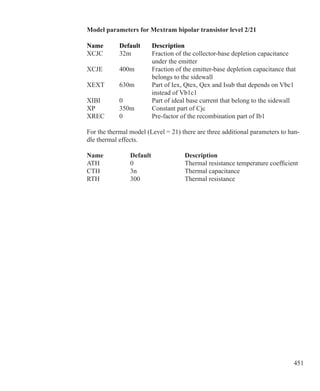 451
Model parameters for Mextram bipolar transistor level 2/21
Name 	 Default 	 Description 
XCJC	 32m	 Fraction of the collector-base depletion capacitance
		 under the emitter
XCJE	 400m	 Fraction of the emitter-base depletion capacitance that
		 belongs to the sidewall
XEXT	 630m	 Part of Iex, Qtex, Qex and Isub that depends on Vbc1
		 instead of Vb1c1
XIBI	 0	 Part of ideal base current that belong to the sidewall
XP	 350m	 Constant part of Cjc
XREC	 0	 Pre-factor of the recombination part of Ib1
For the thermal model (Level = 21) there are three additional parameters to han-
dle thermal effects.
Name 	 Default 	 Description 
ATH	 0	 Thermal resistance temperature coefficient
CTH	 3n	 Thermal capacitance
RTH	 300	 Thermal resistance
 