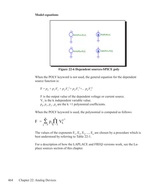 464 Chapter 22: Analog Devices
Model equations
Figure 22-6 Dependent sources-SPICE poly
When the POLY keyword is not used, the general equation for the dependent
source function is:
	 F = p0
+ p1
•V1
+ p2
•V1
2
+ p3
•V1
3
+... pk
•V1
k
	
	 F is the output value of the dependent voltage or current source.
	 V1
is the k independent variable value.
	 p0
, p1
, p2
...pk
are the k +1 polynomial coefficients.	
When the POLY keyword is used, the polynomial is computed as follows	
	
		
The values of the exponents E1
, E2
, E3
, ..., En
are chosen by a procedure which is
best understood by referring to Table 22-1.
For a description of how the LAPLACE and FREQ versions work, see the La-
place sources section of this chapter.
 