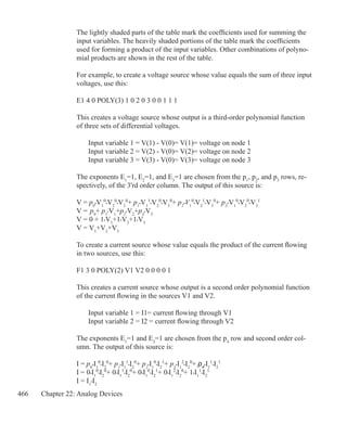 466 Chapter 22: Analog Devices
The lightly shaded parts of the table mark the coefficients used for summing the
input variables. The heavily shaded portions of the table mark the coefficients
used for forming a product of the input variables. Other combinations of polyno-
mial products are shown in the rest of the table.
For example, to create a voltage source whose value equals the sum of three input
voltages, use this:
E1 4 0 POLY(3) 1 0 2 0 3 0 0 1 1 1
This creates a voltage source whose output is a third-order polynomial function
of three sets of differential voltages.
	 Input variable 1 = V(1) - V(0)= V(1)= voltage on node 1
	 Input variable 2 = V(2) - V(0)= V(2)= voltage on node 2
	 Input variable 3 = V(3) - V(0)= V(3)= voltage on node 3
The exponents E1
=1, E2
=1, and E3
=1 are chosen from the p1
, p2
, and p3
rows, re-
spectively, of the 3'rd order column. The output of this source is:
V = p0
•V1
0
•V2
0
•V3
0
+ p1
•V1
1
•V2
0
•V3
0
+ p2
•V1
0
•V2
1
•V3
0
+ p3
•V1
0
•V2
0
•V3
1
V =	p0
+ p1
•V1
+p2
•V2
+p3
•V3
V = 0 + 1•V1
+1•V2
+1•V3
V = V1
+V2
+V3
To create a current source whose value equals the product of the current flowing
in two sources, use this:
F1 3 0 POLY(2) V1 V2 0 0 0 0 1
This creates a current source whose output is a second order polynomial function
of the current flowing in the sources V1 and V2.
	 Input variable 1 = I1= current flowing through V1
	 Input variable 2 = I2 = current flowing through V2
The exponents E1
=1 and E2
=1 are chosen from the p4
row and second order col-
umn. The output of this source is:
I = p0
•I1
0
•I2
0
+ p1
•I1
1
•I2
0
+ p2
•I1
0
•I2
1
+ p3
•I1
2
•I2
0
+ p4
•I1
1
•I2
1
I = 0•I1
0
•I2
0
+ 0•I1
1
•I2
0
+ 0•I1
0
•I2
1
+ 0•I1
2
•I2
0
+ 1•I1
1
•I2
1
I = I1
•I2
 