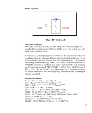469
Model equations
Figure 22-7 Diode model
Notes and Definitions
The model parameters IS, ISR, IKF, IBV, IBVL, and CJO are multiplied by
[area] and the model parameter RS is divided by [area] prior to their use in the
diode model equations below.
T is the device operating temperature and Tnom is the temperature at which the
model parameters are measured. Both are expressed in degrees Kelvin. T is set
to the analysis temperature from the Analysis Limits dialog box. TNOM is de-
termined by the Global Settings TNOM value, which can be overridden with a
.OPTIONS statement. T and Tnom may both be customized for each model by
specifying the parameters T_MEASURED, T_ABS, T_REL_GLOBAL, and T_
REL_LOCAL. See the .MODEL section of Chapter 26, Command Statements,
for more information on how device operating temperatures and Tnom tempera-
tures are calculated.
Temperature Effects
VT = k • T / q = 1.38E-23 • T / 1.602E-19	
IS(T) = IS • e((T/Tnom - 1)•EG/(VT•N))
• (T/Tnom)(XTI/N)
ISR(T) = ISR • e((T/Tnom - 1)•EG/(VT•NR))
• (T/Tnom)(XTI/NR)
IKF(T) = IKF • (1+TIKF•(T - Tnom))
BV(T) = BV • (1+TBV1•(T-Tnom)+TBV2•(T-Tnom)2
)
RS(T) = RS • (1+TRS1•(T-Tnom)+TRS2•(T-Tnom)2
)
VJ(T) = VJ•(T/Tnom)- 3•VT•ln(T/Tnom)- EG(Tnom)•(T/Tnom)+EG(T)
EG(T) = 1.16-.000702•T2
/(T+1108)
EG(Tnom) = 1.17-.000702•Tnom2
/(Tnom+1108)
CJO(T) = CJO•(1+M•(.0004•(T-Tnom) + (1 - VJ(T)/VJ)))
 