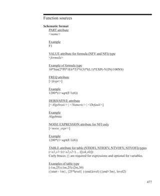 477
Function sources
Schematic format
	 PART attribute
	 name
	 Example
	 F1
	 VALUE attribute for formula (NFV and NFI) type
	 formula
	 Example of formula type
	 10*Sin(2*PI*1E6*T)*V(3)*I(L1)*EXP(-V(IN)/100NS)
	 FREQ attribute
	 [fexpr]
	 Example
	 1200*(1+sqrt(F/1e6))
	 DERIVATIVE attribute
	 [Algebraic | Numeric | Default]
	 Example
	 Algebraic
	 NOISE EXPRESSION attribute for NFI only
	 [noise_expr]
	 Example
	 1200*(1+sqrt(F/1e6))
	 TABLE attribute for table (NTIOFI, NTIOFV, NTVOFV, NTVOFI) types
	 (x1,y1) (x2,y2) ... ([(xk,yk)])
	 Curly braces {} are required for expressions and optional for variables.
	 Examples of table type
	 (-1m,25) (1m,25) (2m,30)
	 ({start - 1m}, {25*level} ) (end,level) ({end+3m}, level2)
 