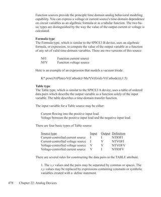 478 Chapter 22: Analog Devices
Function sources provide the principle time domain analog behavioral modeling
capability. You can express a voltage or current source's time-domain dependence
on circuit variables as an algebraic formula or as a tabular function. The two ba-
sic types are distinguished by the way the value of the output current or voltage is
calculated.
Formula type
The Formula type, which is similar to the SPICE3 B device, uses an algebraic
formula, or expression, to compute the value of the output variable as a function
of any set of valid time-domain variables. There are two versions of this source:
	 NFI		 Function current source
	 NFV	 Function voltage source
Here is an example of an expression that models a vacuum triode:
	 K* pow((V(Plate)-V(Cathode)+Mu*(V(Grid)-V(Cathode))),1.5)
Table type
The Table type, which is similar to the SPICE3 A device, uses a table of ordered
data pairs which describe the output variable as a function solely of the input
variable. The table describes a time-domain transfer function.
The input variable for a Table source may be either:
	 Current flowing into the positive input lead.
	 Voltage between the positive input lead and the negative input lead.
There are four basic types of Table source:
	 Source type				 Input	 Output	 Definition
	 Current-controlled current source	 I	 I	 NTIOFI
	 Current-controlled voltage source	 I	 V	 NTVOFI
	 Voltage-controlled voltage source	 V	 V	 NTVOFV
	 Voltage-controlled current source	 V	 I	 NTIOFV
There are several rules for constructing the data pairs in the TABLE attribute.
	 1. The x,y values and the pairs may be separated by commas or spaces. The
	 x,y values may be replaced by expressions containing constants or symbolic
	 variables created with a .define statement.
 