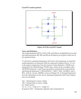 483
GaAsFET model equations
Figure 22-8 The GaAsFET model
Notes and Definitions
The model parameters BETA, CGS, CGD, and CDS are multiplied by [area] and
the model parameters RG, RD, and RS are divided by [area] prior to their use in
the equations below.
T is the device operating temperature and Tnom is the temperature at which the
model parameters are measured. Both are expressed in degrees Kelvin. T is set
to the analysis temperature from the Analysis Limits dialog box. TNOM is de-
termined by the Global Settings TNOM value, which can be overridden with a
.OPTIONS statement. T and Tnom may both be customized for each model by
specifying the parameters T_MEASURED, T_ABS, T_REL_GLOBAL, and T_
REL_LOCAL. See the .MODEL section of Chapter 26, Command Statements,
for more information on how device operating temperatures and Tnom tempera-
tures are calculated.
Vgs = Internal gate to source voltage
Vds = Internal drain to source voltage
Id = Drain current
VT= k • T / q = 1.38E-23 •T / 1.602E-19	
In general, X(T) = Temperature adjusted value of parameter X
 