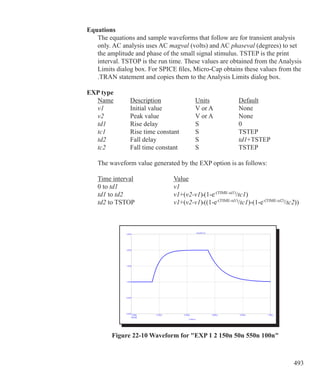 493
Equations
	 The equations and sample waveforms that follow are for transient analysis
	 only. AC analysis uses AC magval (volts) and AC phaseval (degrees) to set
	 the amplitude and phase of the small signal stimulus. TSTEP is the print
	 interval. TSTOP is the run time. These values are obtained from the Analysis
	 Limits dialog box. For SPICE files, Micro-Cap obtains these values from the
	 .TRAN statement and copies them to the Analysis Limits dialog box.
EXP type
	 Name	 Description		 Units		 Default
	 v1		 Initial value		 V or A		 None
	 v2		 Peak value		 V or A		 None
	 td1		 Rise delay		 S		 0
	 tc1		 Rise time constant	 S		 TSTEP
	 td2		 Fall delay		 S	 	 td1+TSTEP
	 tc2		 Fall time constant	 S		 TSTEP
	 The waveform value generated by the EXP option is as follows:
	 Time interval		 Value
	 0 to td1		 	 v1
	 td1 to td2		 	 v1+(v2-v1)•(1-e-(TIME-td1)
/tc1)
	 td2 to TSTOP		 v1+(v2-v1)•((1-e-(TIME-td1)
/tc1)-(1-e-(TIME-td2)
/tc2))
Figure 22-10 Waveform for EXP 1 2 150n 50n 550n 100n
 